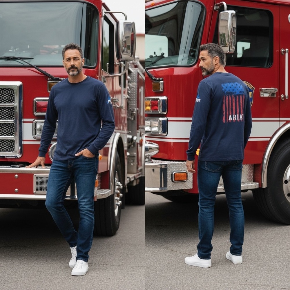 Ariat FR Mens Navy Blue American Flag Flame Resistant Long Sleeve T-Shirt L Tall